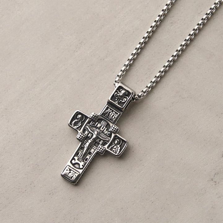Vintage Titanium Steel Sacred Orthodox Cross Necklace with Religious Script