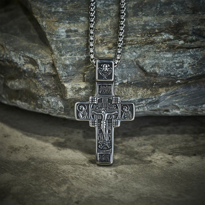 Vintage Titanium Steel Sacred Orthodox Cross Necklace with Religious Script