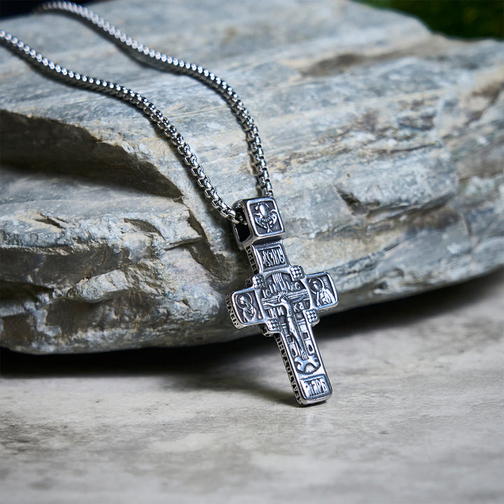 Vintage Titanium Steel Sacred Orthodox Cross Necklace with Religious Script