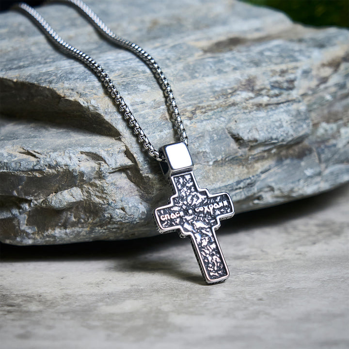 Vintage Titanium Steel Sacred Orthodox Cross Necklace with Religious Script
