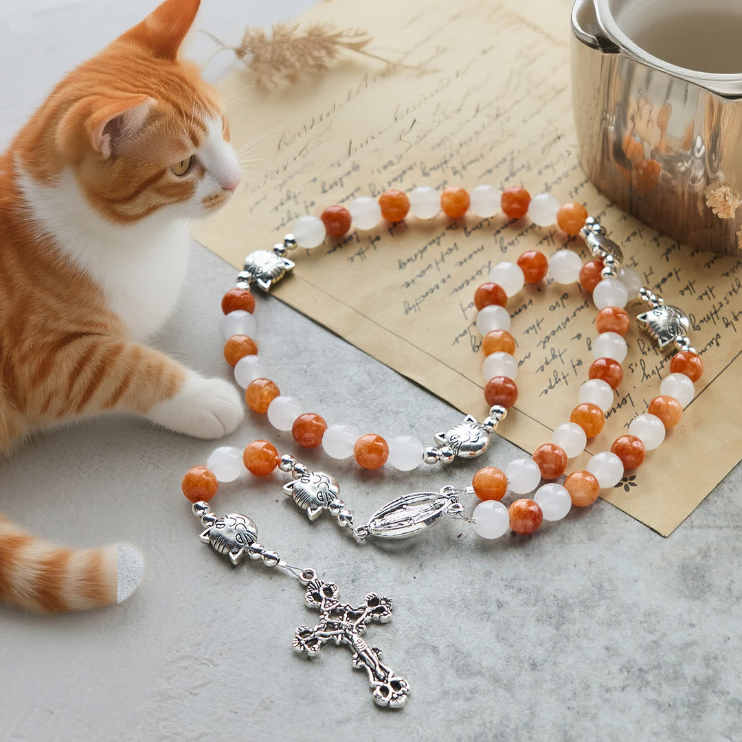 Orange & White Quartz with Cat Face Stainless Steel Charms of Orange Tabby Bracelet, Animal Rosary