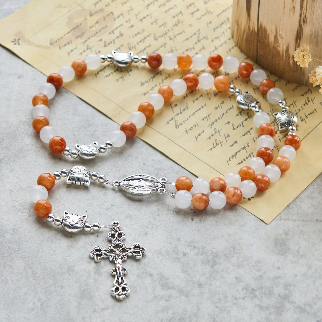 Orange & White Quartz with Cat Face Stainless Steel Charms of Orange Tabby Bracelet, Animal Rosary