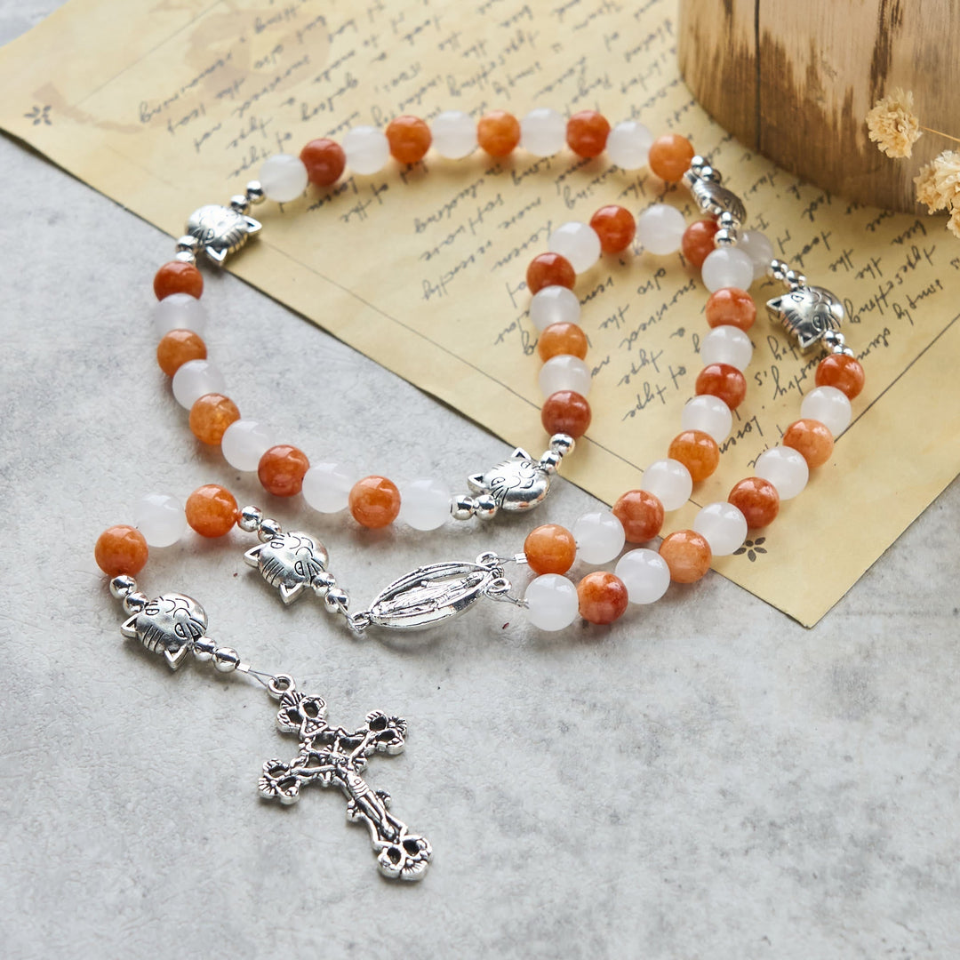 Orange & White Quartz with Cat Face Stainless Steel Charms of Orange Tabby Bracelet, Animal Rosary