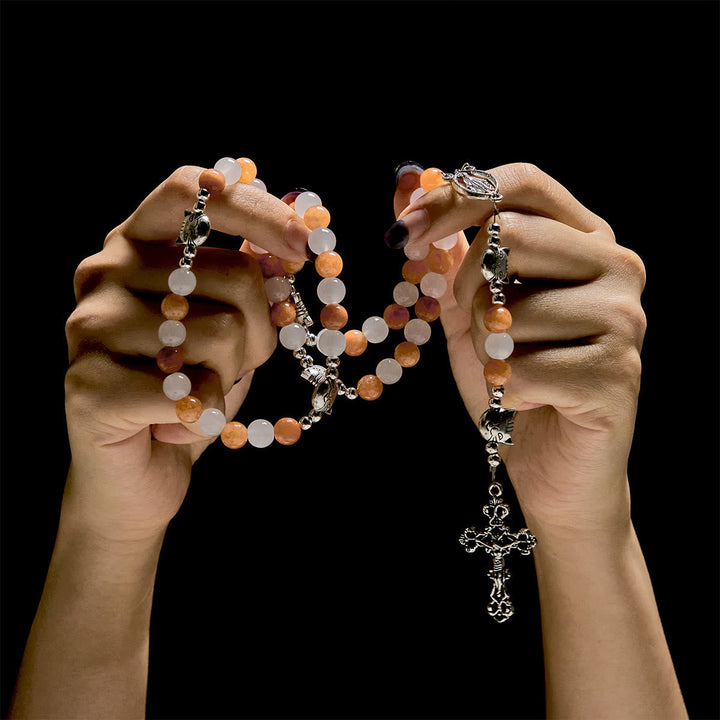 Orange & White Quartz with Cat Face Stainless Steel Charms of Orange Tabby Bracelet, Animal Rosary