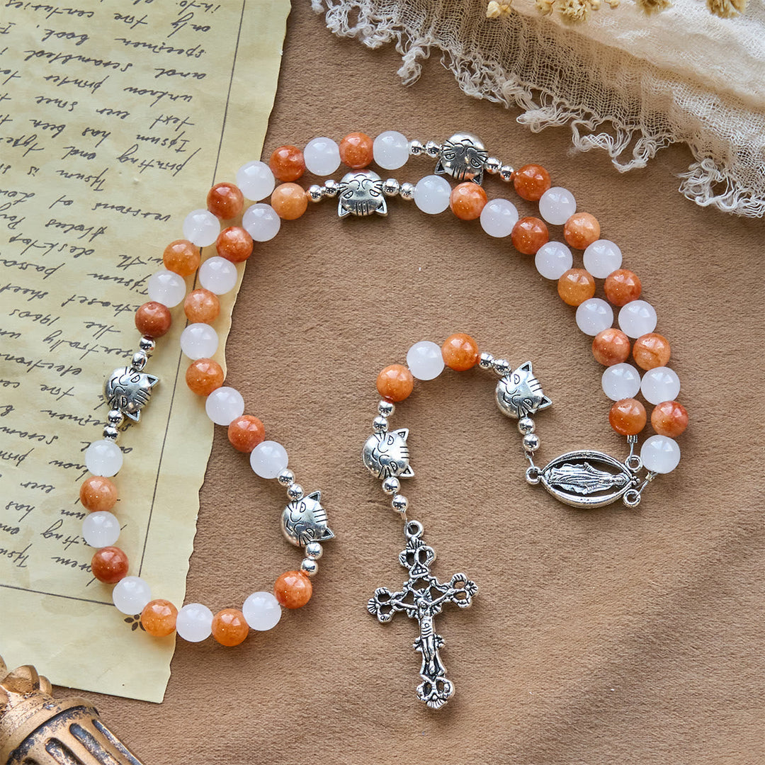 Orange & White Quartz with Cat Face Stainless Steel Charms of Orange Tabby Bracelet, Animal Rosary
