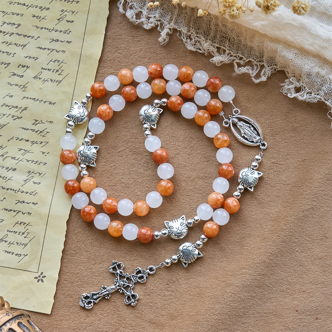 Orange & White Quartz with Cat Face Stainless Steel Charms of Orange Tabby Bracelet, Animal Rosary
