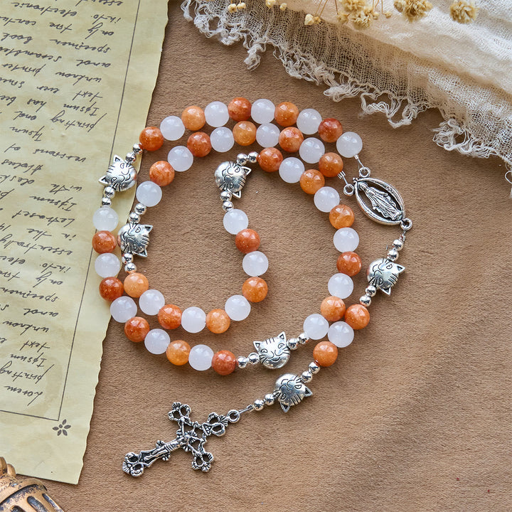 Orange & White Quartz with Cat Face Stainless Steel Charms of Orange Tabby Bracelet, Animal Rosary