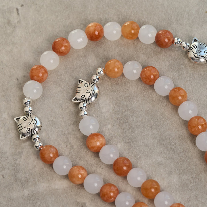 Orange & White Quartz with Cat Face Stainless Steel Charms of Orange Tabby Bracelet, Animal Rosary