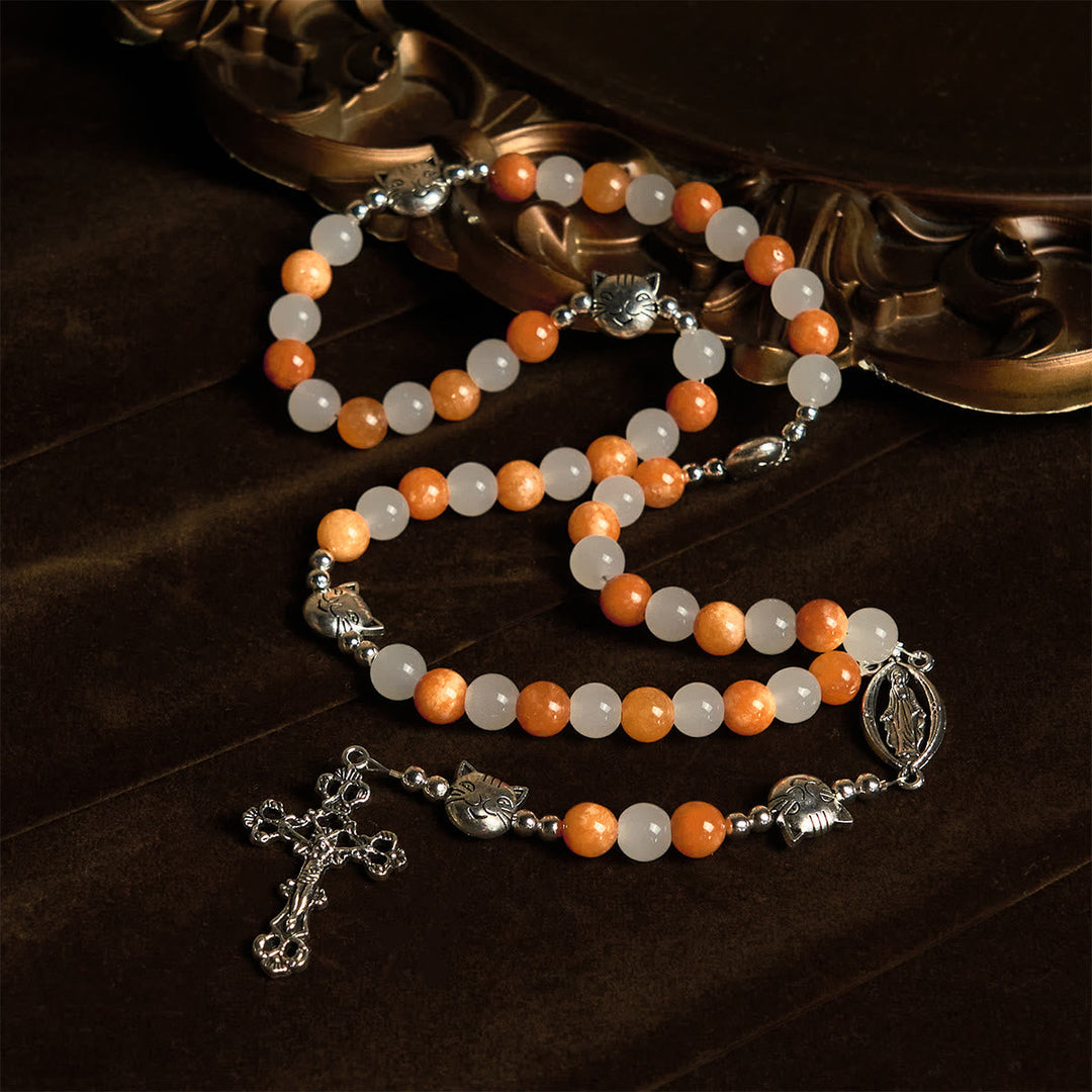 Orange & White Quartz with Cat Face Stainless Steel Charms of Orange Tabby Bracelet, Animal Rosary