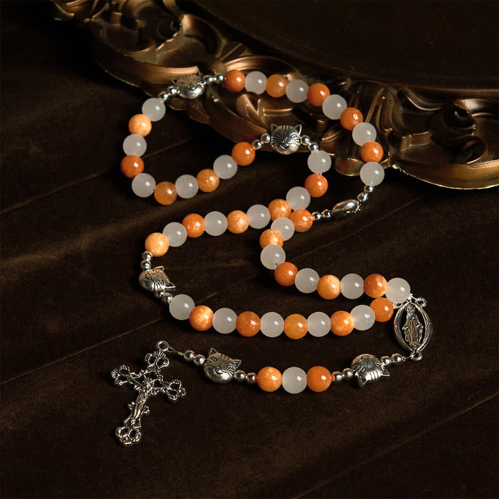 Orange & White Quartz with Cat Face Stainless Steel Charms of Orange Tabby Bracelet, Animal Rosary
