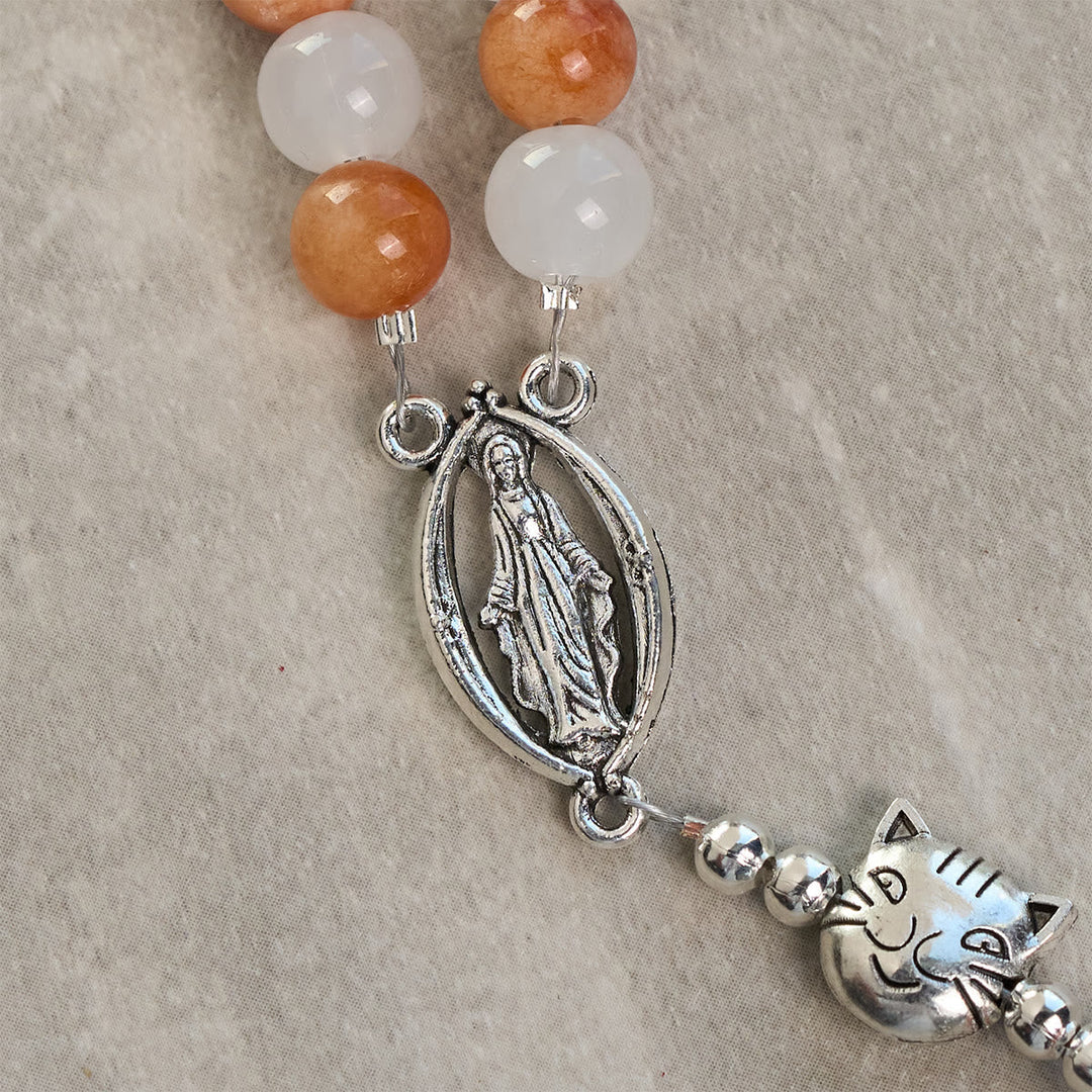 Orange & White Quartz with Cat Face Stainless Steel Charms of Orange Tabby Bracelet, Animal Rosary