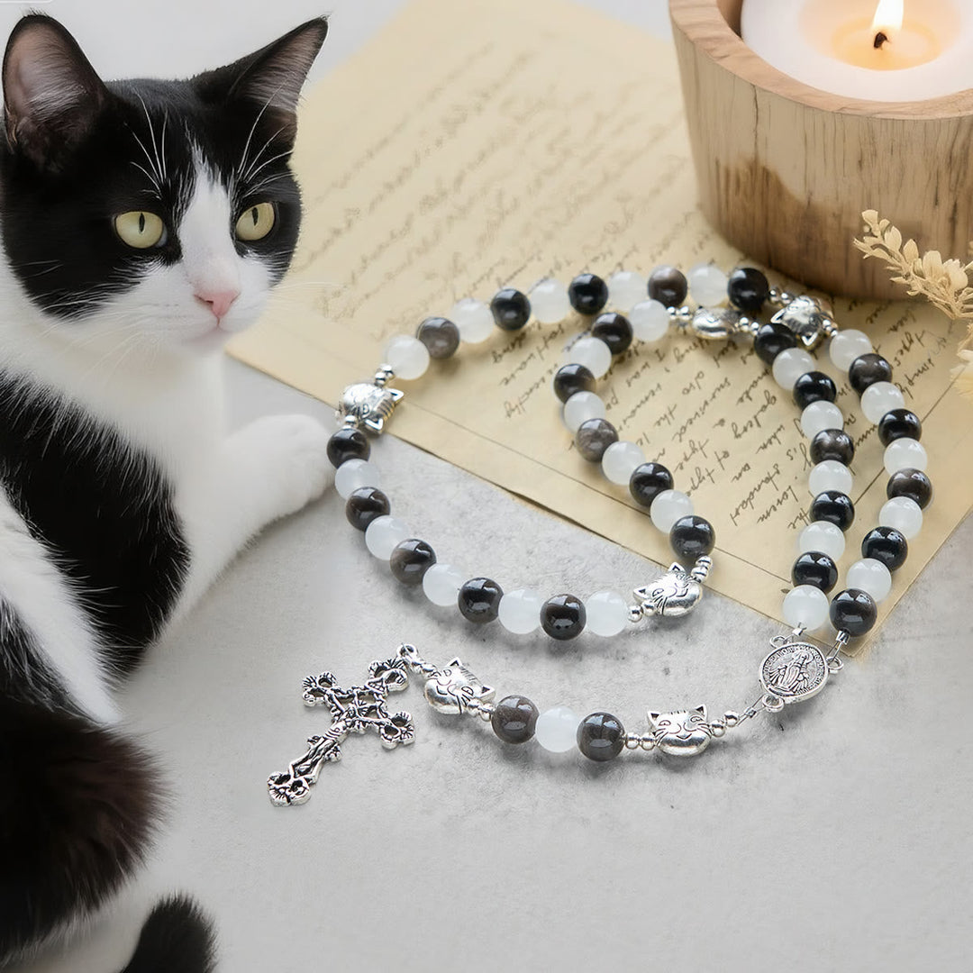 Our Lady's Blessing with Black & White Cow Cat Beads Bracelet, Animal Rosary