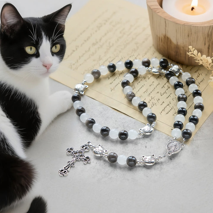 Our Lady's Blessing with Black & White Cow Cat Beads Bracelet, Animal Rosary