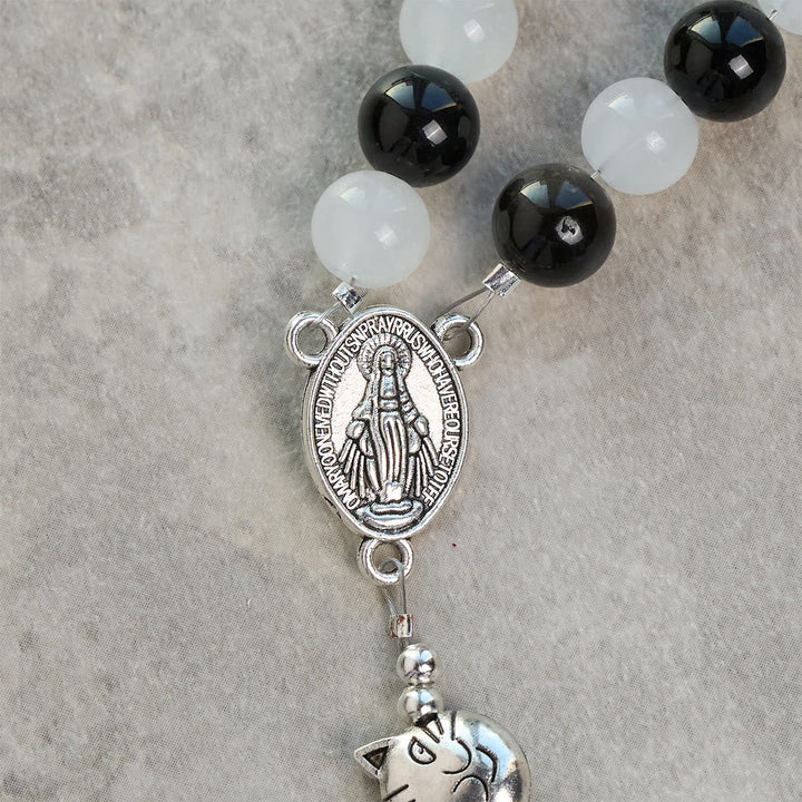 Our Lady's Blessing with Black & White Cow Cat Beads Bracelet, Animal Rosary
