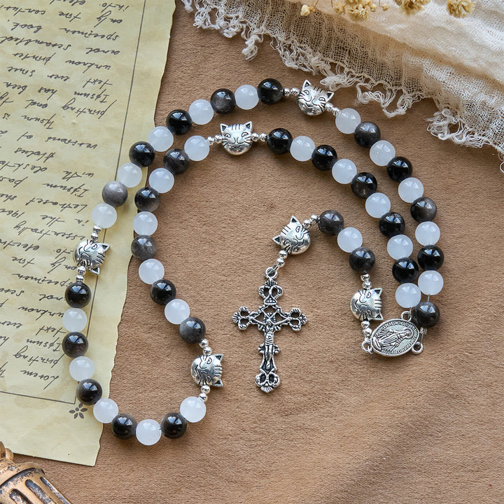 Our Lady's Blessing with Black & White Cow Cat Beads Bracelet, Animal Rosary