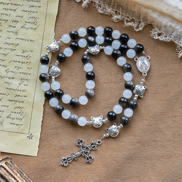 Our Lady's Blessing with Black & White Cow Cat Beads Bracelet, Animal Rosary