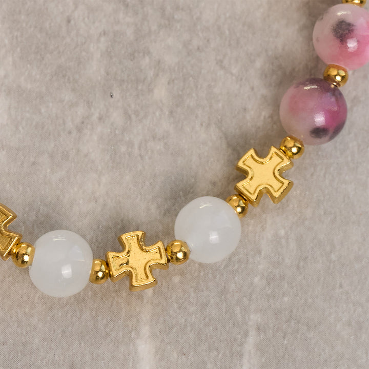 Graceful 8mm Persian Pink & Black Jade Beads Bracelet with Ancient Cross