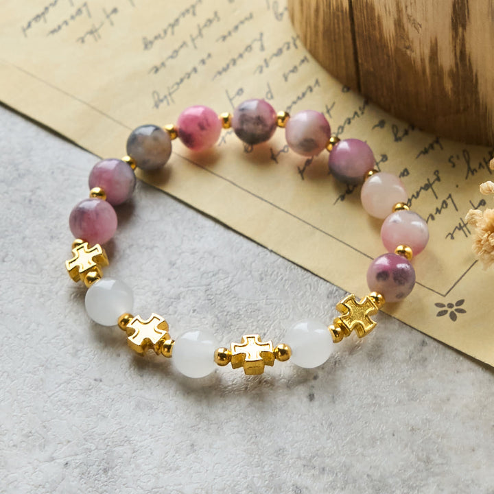 Graceful 8mm Persian Pink & Black Jade Beads Bracelet with Ancient Cross