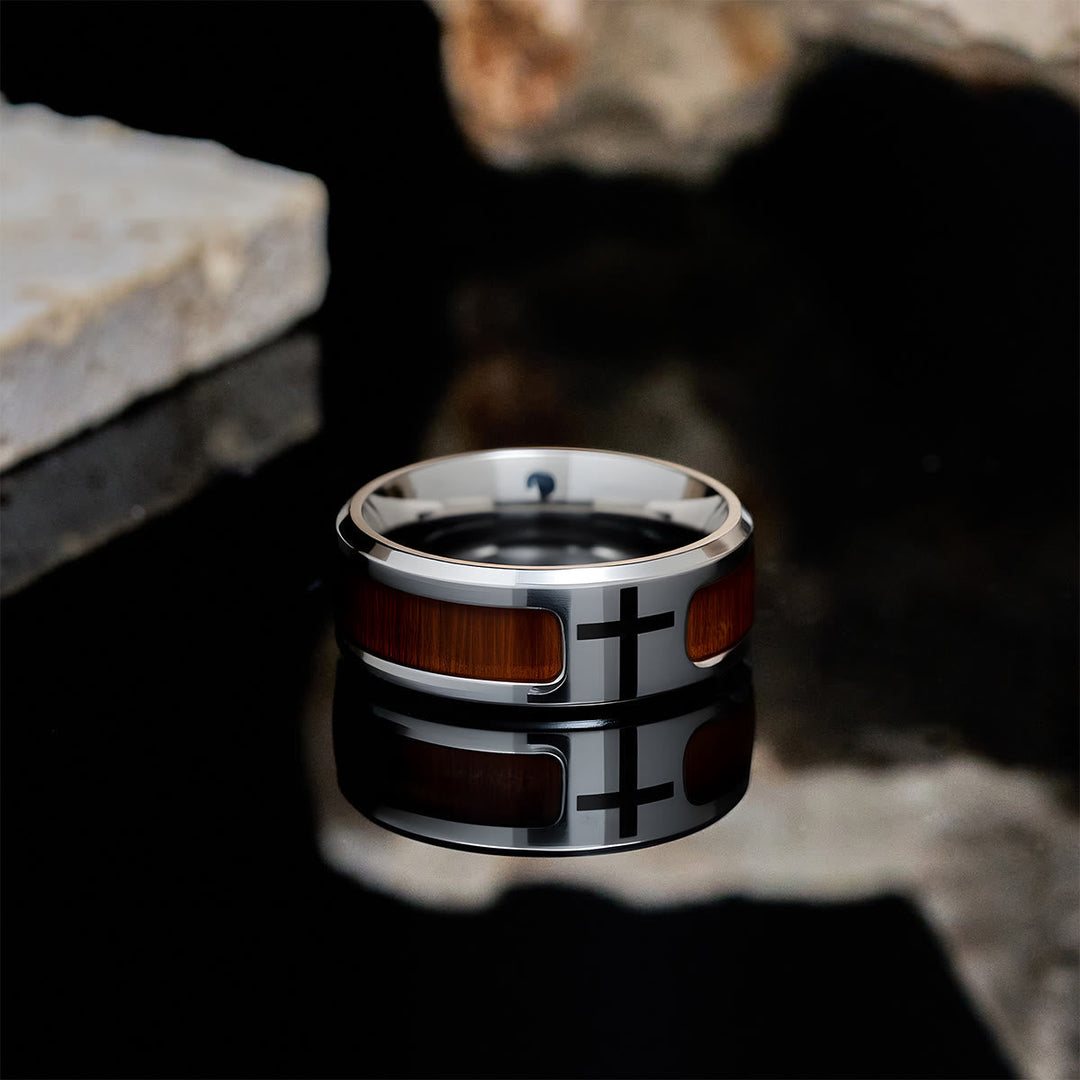 Modern Sleek Cross Ring with Wooden Detail: Faith Rooted in Nature