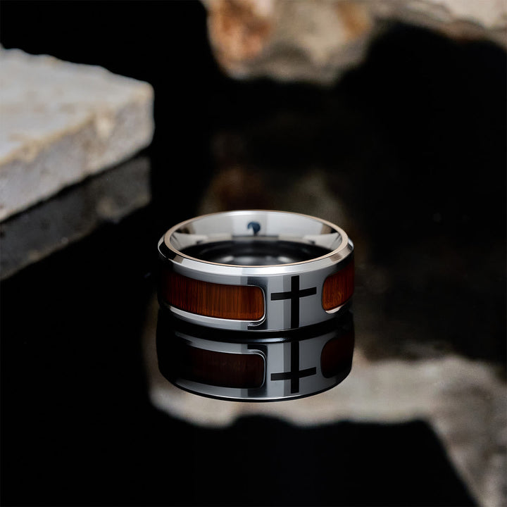 Modern Sleek Cross Ring with Wooden Detail: Faith Rooted in Nature