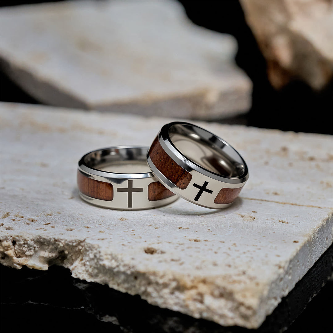 Modern Sleek Cross Ring with Wooden Detail: Faith Rooted in Nature