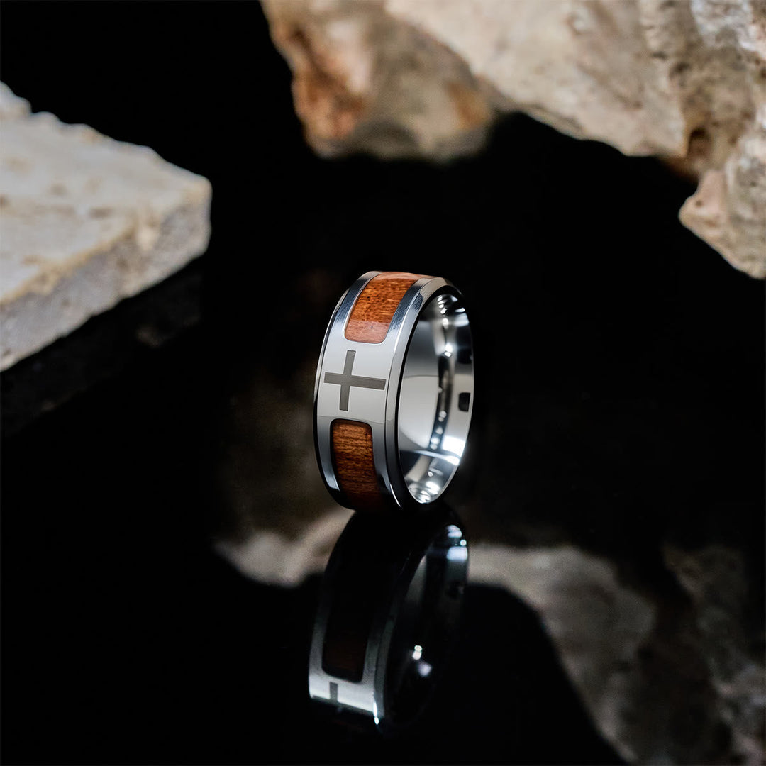 Modern Sleek Cross Ring with Wooden Detail: Faith Rooted in Nature