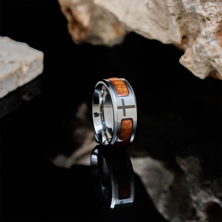 Modern Sleek Cross Ring with Wooden Detail: Faith Rooted in Nature