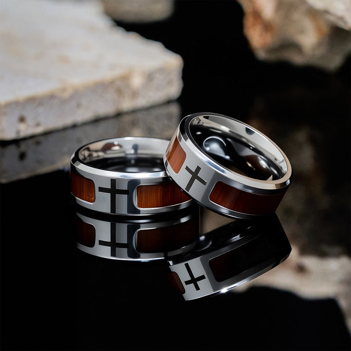 Modern Sleek Cross Ring with Wooden Detail: Faith Rooted in Nature