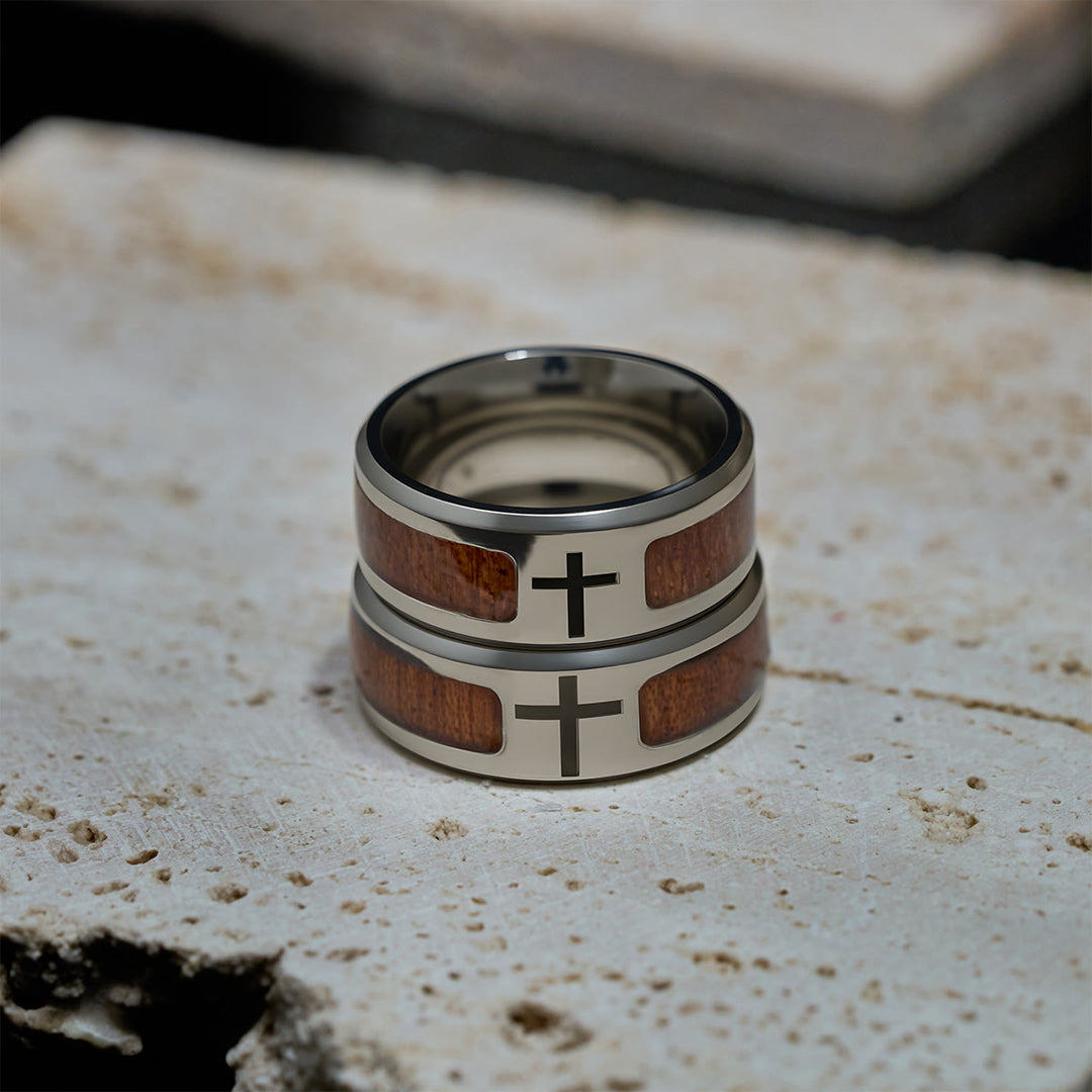 Modern Sleek Cross Ring with Wooden Detail: Faith Rooted in Nature