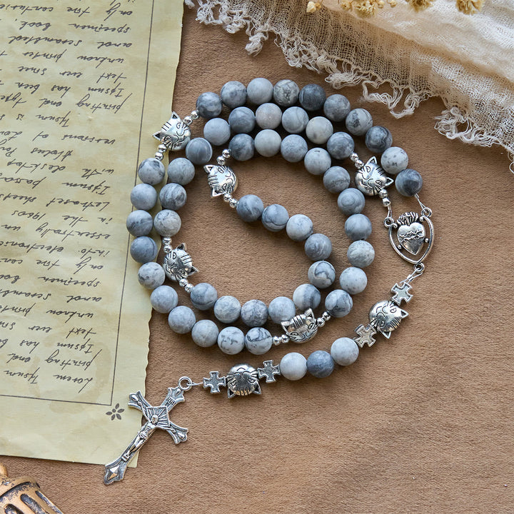 Light Grey Tabby Cat Prayer Rosary: Prayerful Care for Stray Cats Bracelet, Animal Rosary