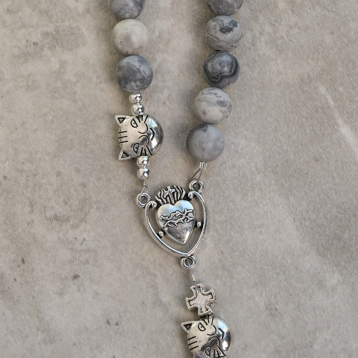 Light Grey Tabby Cat Prayer Rosary: Prayerful Care for Stray Cats Bracelet, Animal Rosary
