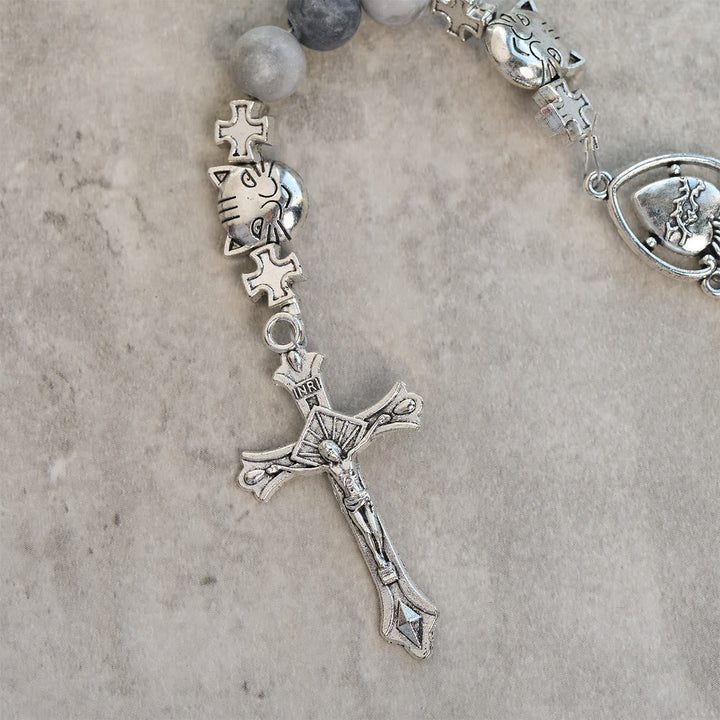 Light Grey Tabby Cat Prayer Rosary: Prayerful Care for Stray Cats Bracelet, Animal Rosary