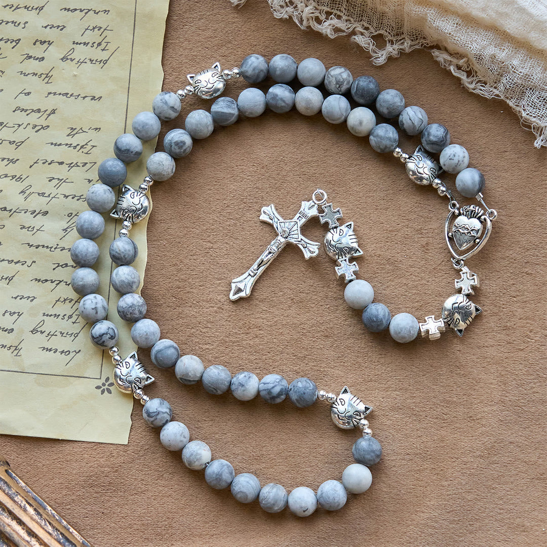Light Grey Tabby Cat Prayer Rosary: Prayerful Care for Stray Cats Bracelet, Animal Rosary