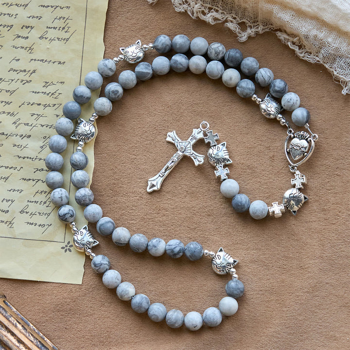Light Grey Tabby Cat Prayer Rosary: Prayerful Care for Stray Cats Bracelet, Animal Rosary