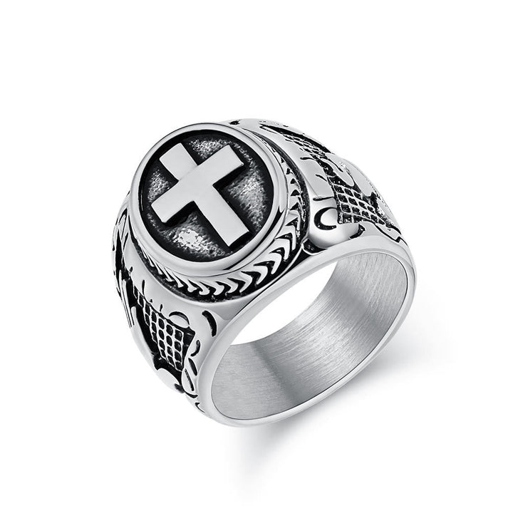 Metallic Cross Ring with Praying Hands Detail: Spiritual Fashion Pick
