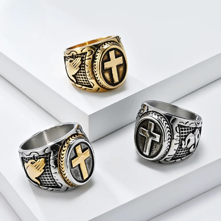 Metallic Cross Ring with Praying Hands Detail: Spiritual Fashion Pick