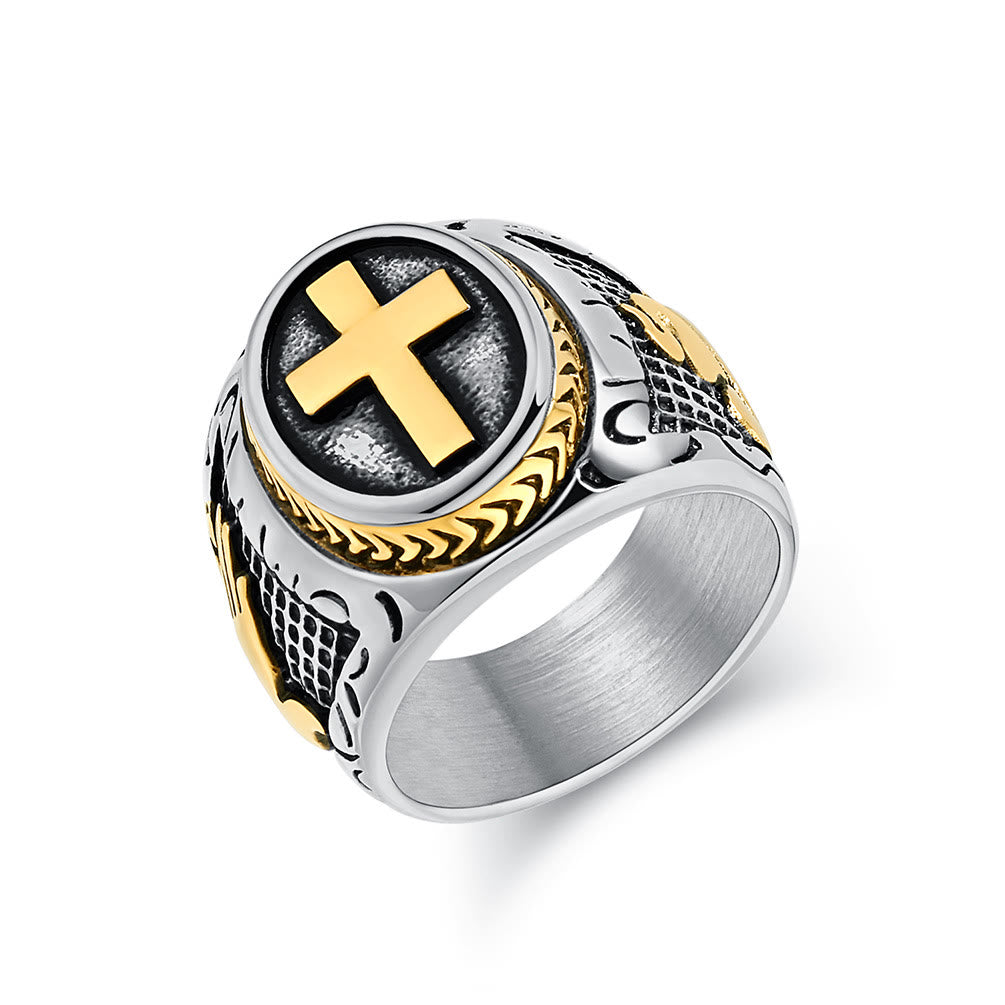 Metallic Cross Ring with Praying Hands Detail: Spiritual Fashion Pick