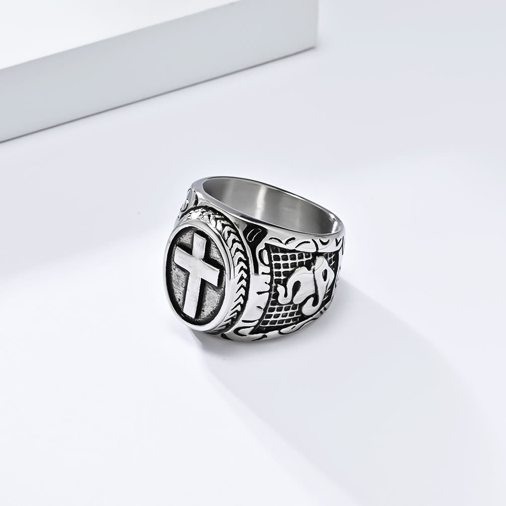 Metallic Cross Ring with Praying Hands Detail: Spiritual Fashion Pick