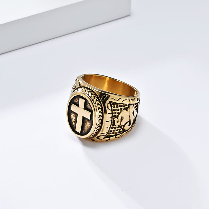 Metallic Cross Ring with Praying Hands Detail: Spiritual Fashion Pick