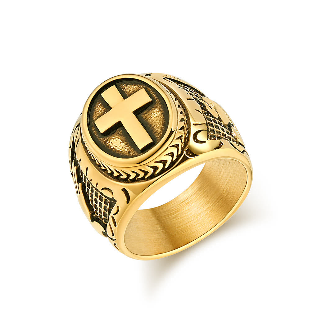 Metallic Cross Ring with Praying Hands Detail: Spiritual Fashion Pick
