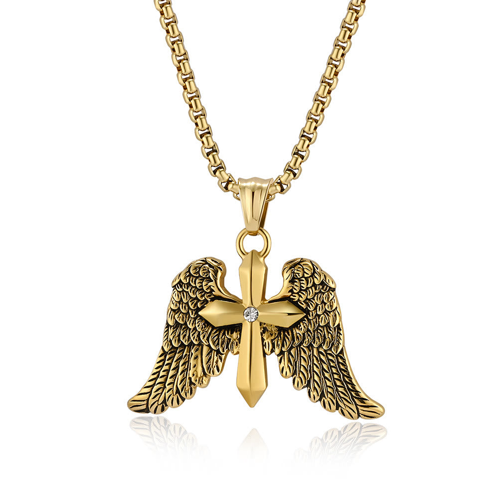 Tri - Color Winged Cross Pendant Necklace: Fusion of Faith and Edgy Style