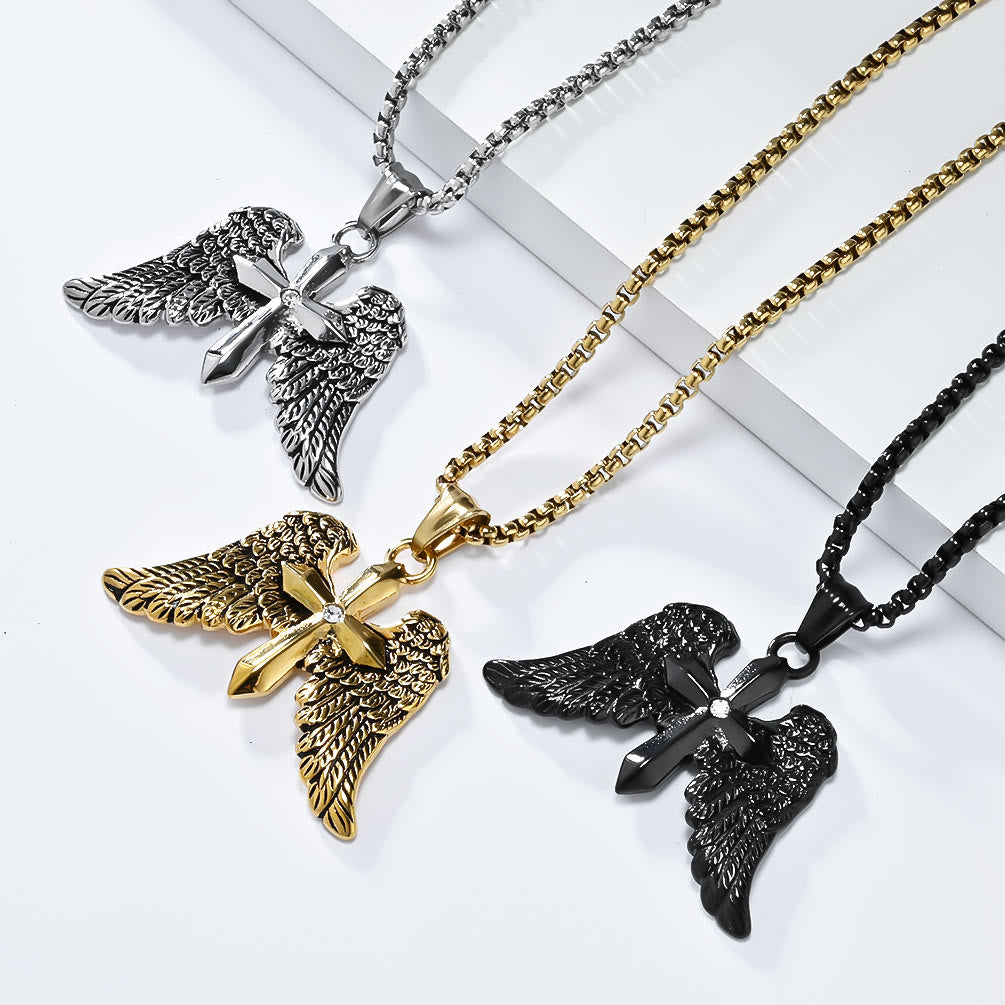 Tri - Color Winged Cross Pendant Necklace: Fusion of Faith and Edgy Style