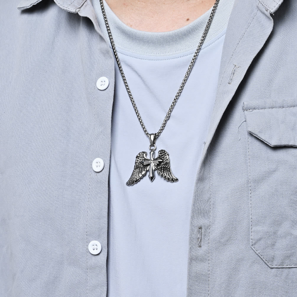 Tri - Color Winged Cross Pendant Necklace: Fusion of Faith and Edgy Style