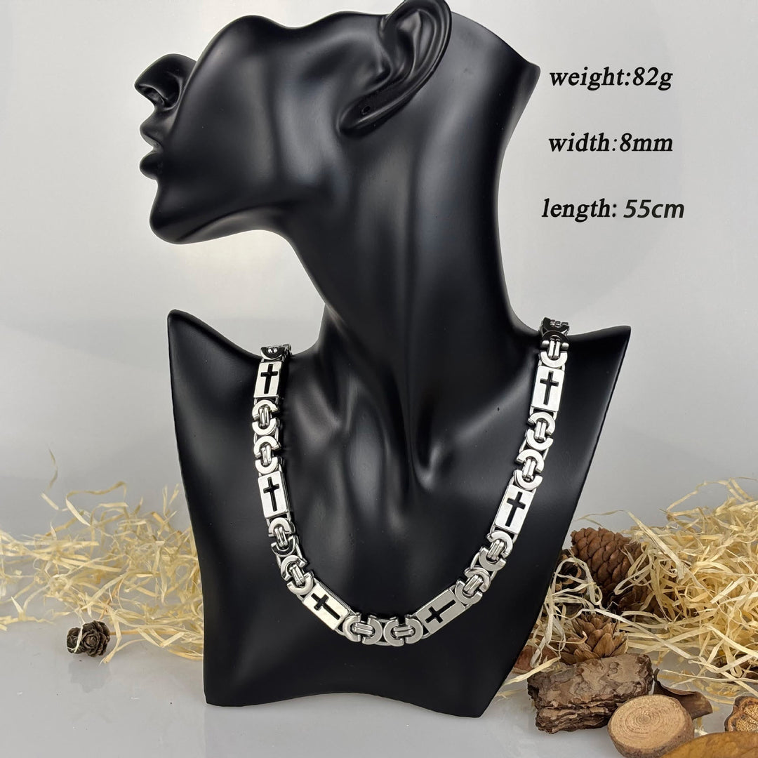 Tri - Color Cross - Embedded Chain Necklace & Bracelet: Bold Faith Statement
