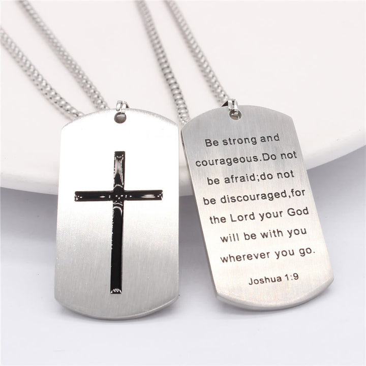 Stainless Steel Cross & Joshua 1:9 Dual-Sided Necklace for Courage