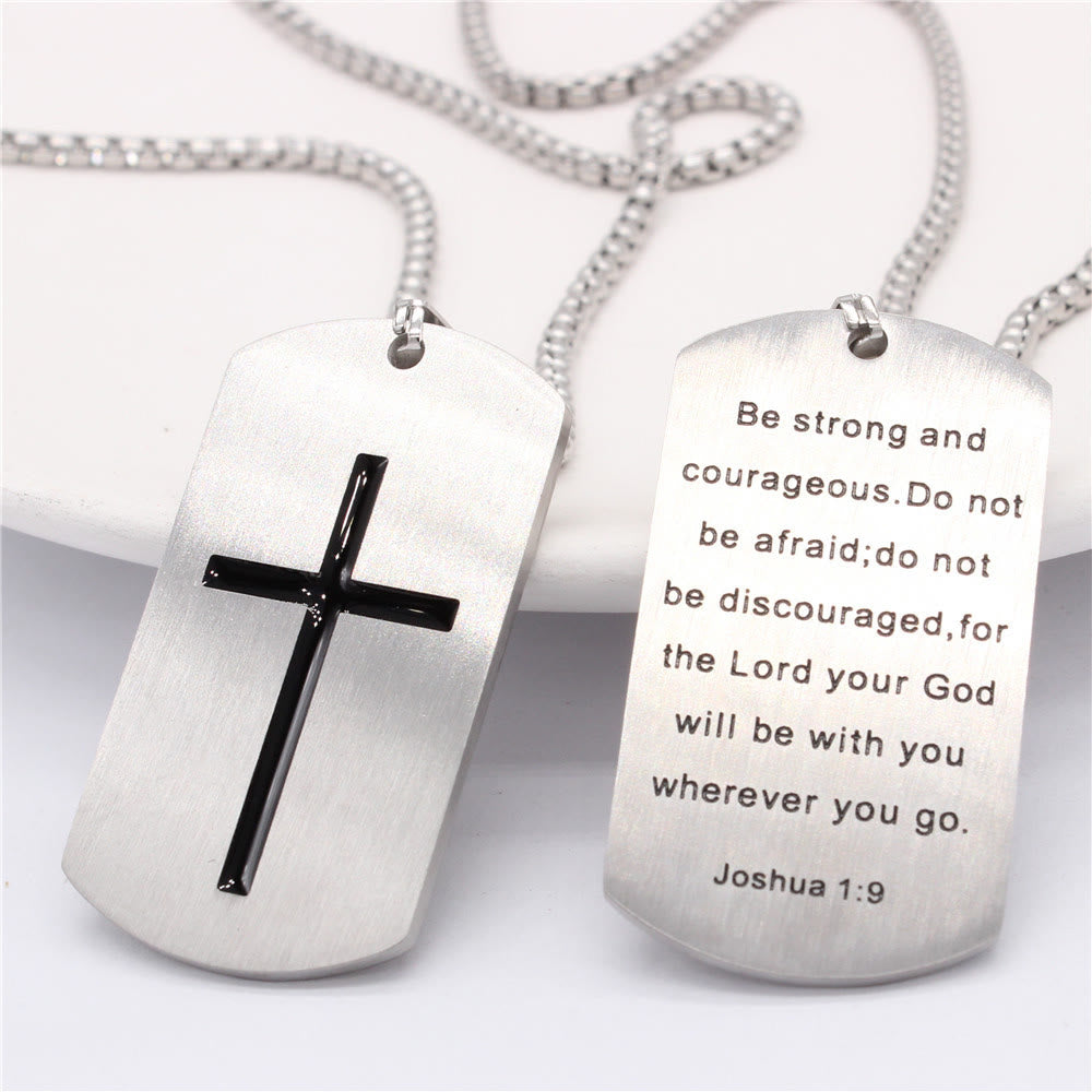 Stainless Steel Cross & Joshua 1:9 Dual-Sided Necklace for Courage