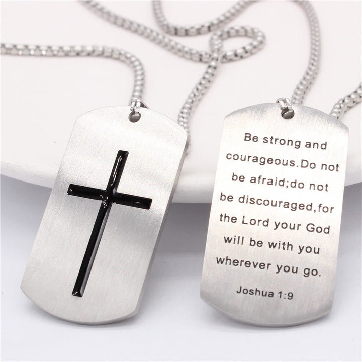 Stainless Steel Cross & Joshua 1:9 Dual-Sided Necklace for Courage