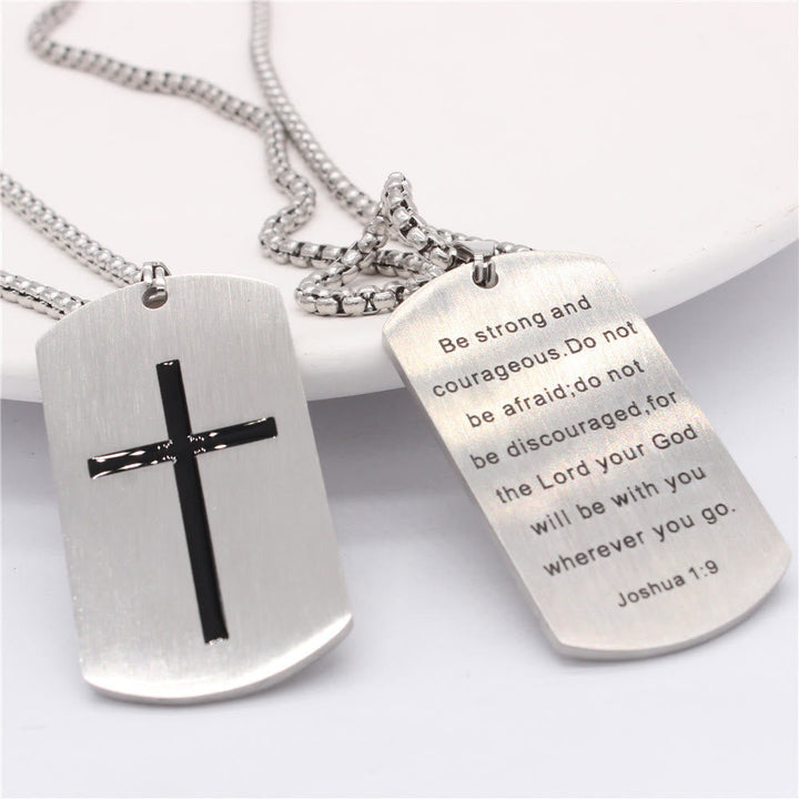 Stainless Steel Cross & Joshua 1:9 Dual-Sided Necklace for Courage