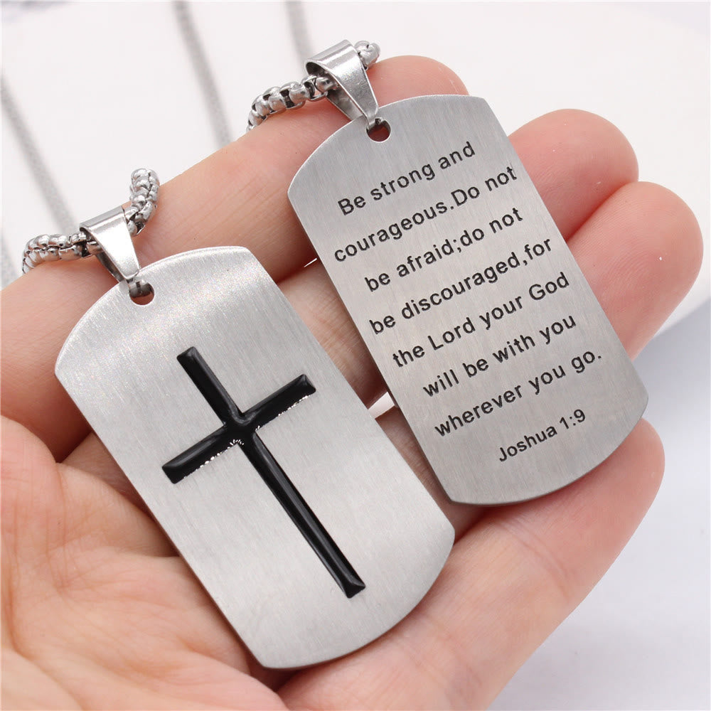 Stainless Steel Cross & Joshua 1:9 Dual-Sided Necklace for Courage