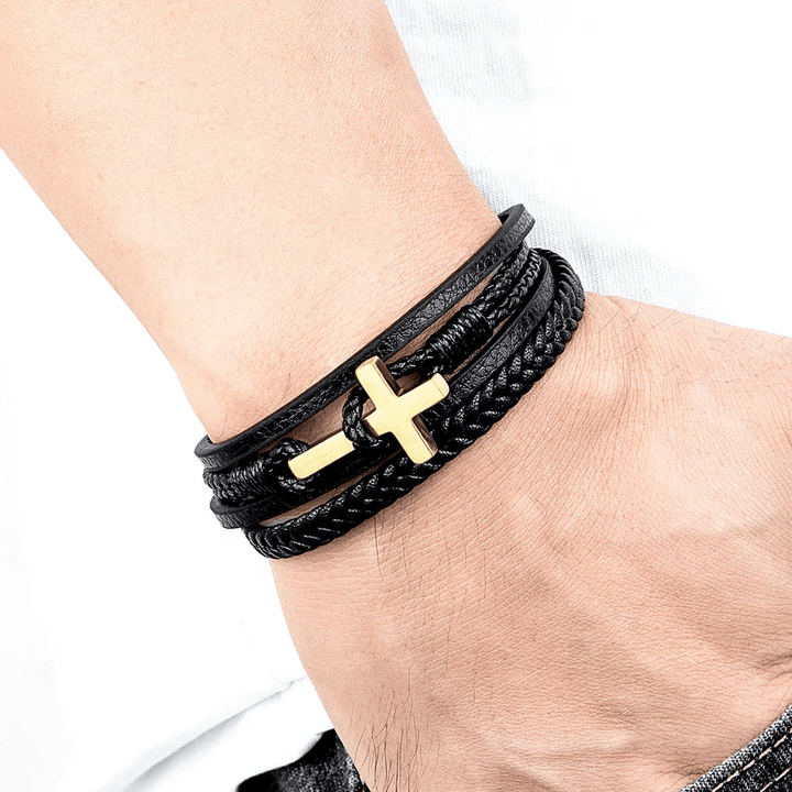 Tri - Color Stainless Steel Cross & Braided Leather Fashion Bracelet